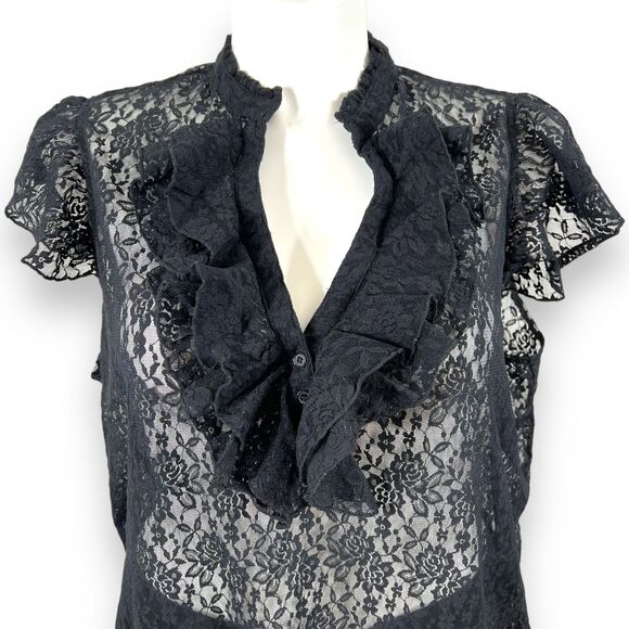Pure Energy Womens Blouse Top Shirt Sheer Lace Ruffled Pullover Black Size 4 - Picture 3 of 9